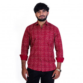 Men's Full Sleeves Smart/Regular Fit Casual Printed Shirts/RED WITH WHITE GEOMETRIC PATTERN