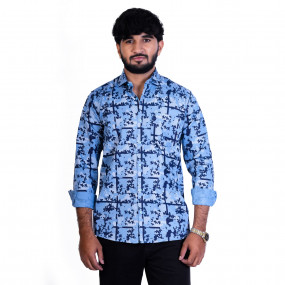 Men's Full Sleeves Smart/Regular Fit Casual Printed Shirts/DARK BLUE LEAVES WITH WHITE FLOWERS