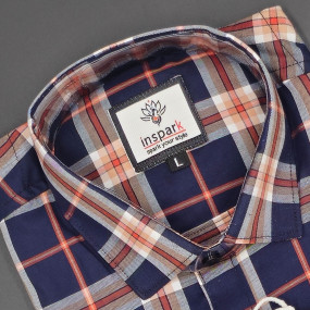 MEN'S LONG SLEVE DOMINANT BLUE & ORRANGE, GREEN, WHITE LINES PLAID PATTERN CHECKS  SHIRT