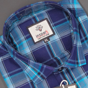 MEN'S LONG SLEVE DARK AND LIGHT BLUE PLAID PATTERN CHECKS  SHIRT