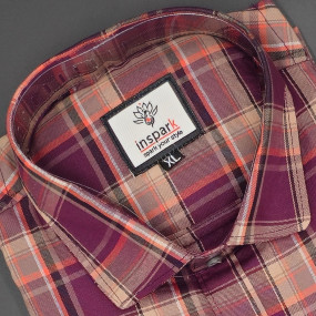 MEN'S LONG SLEVE PINK, MAROON, ORRANGE & BLUE PLAID PATTERN CHECKS  SHIRT