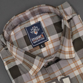 MEN'S LONG SLEVE GREY, BROWN AND WHITE PLAID PATTERN CHECKS  SHIRT