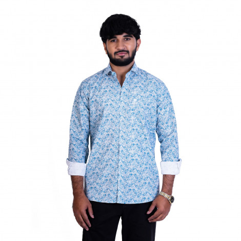 Men's Full Sleeves Smart/Regular Fit Casual Printed Shirts/WHITE AND BLUE WITH PAISLEY DESIGN