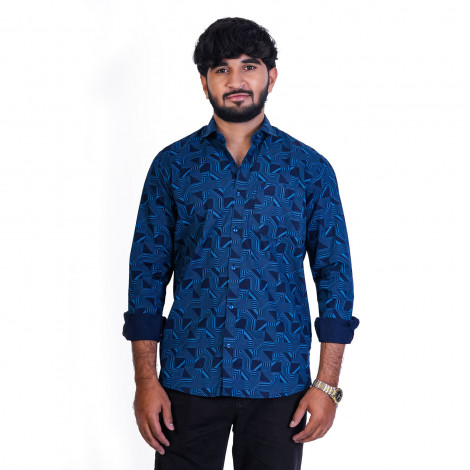 Men's Full Sleeves Smart/Regular Fit Casual Printed Shirts/DEEP BLUE HUE WITH CIRCUIT PATTERN