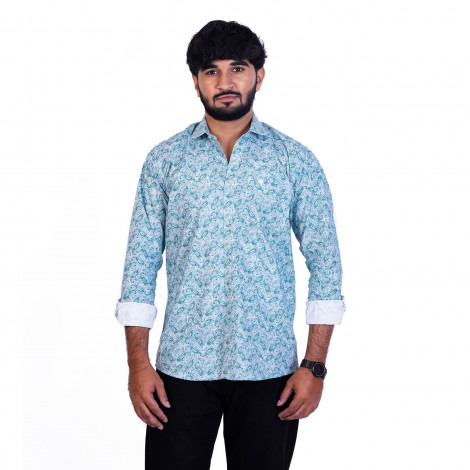 inspark brand Men's Full Sleeves Smart/Regular Fit Casual PRINTED Shirts/LIGHT BLUE LEAVES PRINT