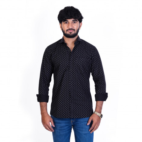 Men's Full Sleeves Smart/Regular Fit Casual Printed Shirts/BLACK WITH WHITE SQUARE