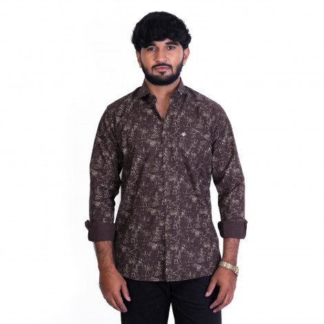 Men's Full Sleeves Smart/Regular Fit Casual Printed Shirt/WHITE GEOMETRIC SHAPE LINES ON DARK BROWN