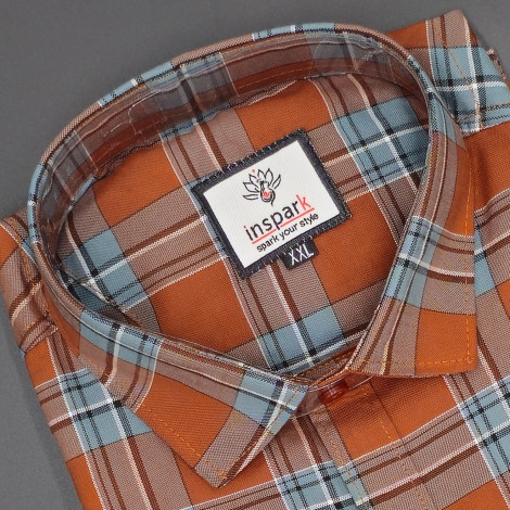 MEN'S LONG SLEVE ORRANGE PLAID PATTERN CHECKS  SHIRT