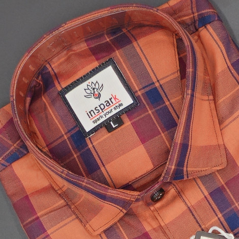 MEN'S LONG SLEVE RED ORRANGE PLAID PATTERN CHECKS  SHIRT
