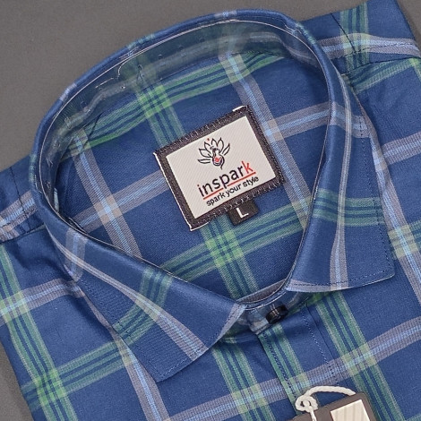 MEN'S LONG SLEVE BLUE, GREEN AND LIGHT BLUE PLAID PATTERN CHECKS  SHIRT