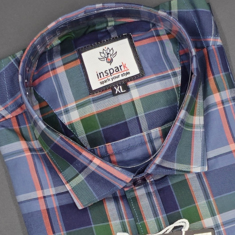 MEN'S LONG SLEVE BLUE GREEN AND ORRANGE PLAID PATTERN CHECKS  SHIRT