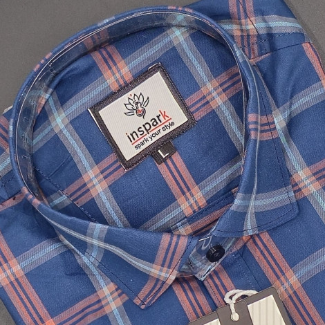 MEN'S LONG SLEVE BLUE, ORRANGE AND LIGHT BLUE PLAID PATTERN CHECKS  SHIRT