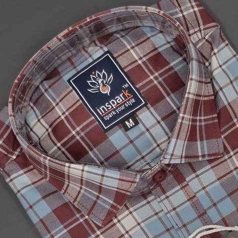 MEN'S LONG SLEVE BROWN AND BLUE PLAID CHECKS  SHIRT