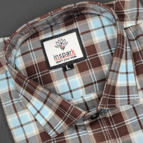 MEN'S LONG SLEVE PRIMARY BROWN WITH LIGHT BLUE, GREY LINE PLAID PATTERN CHECKS  SHIRT