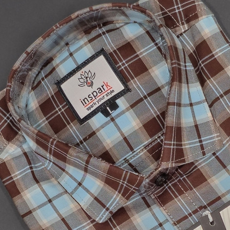 MEN'S LONG SLEVE BROWN AND LIGHT BLUE PLAID CHECKS  SHIRT