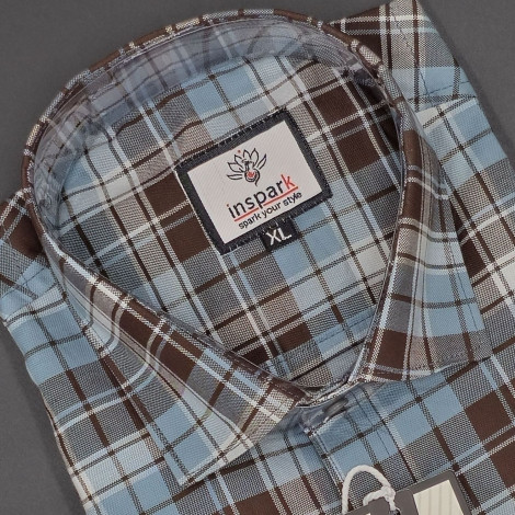 MEN'S LONG SLEVE BROWN AND LIGHT BLUE PLAID PATTERN CHECKS  SHIRT