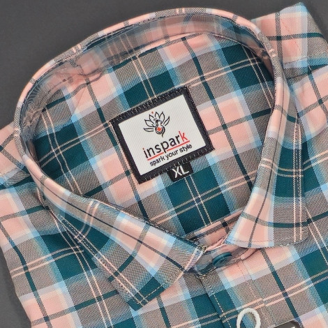 MEN'S LONG SLEVE PRIMARY PEACH WITH BLUE, GREY LINE PLAID PATTERN CHECKS  SHIRT