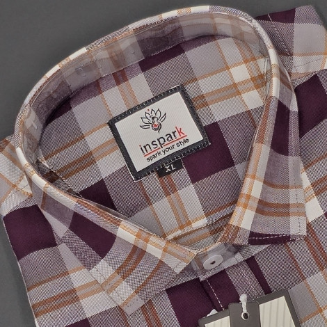 MEN'S LONG SLEVE MAROON, BLUE AND BEIGE PLAID PATTERN CHECKS  SHIRT
